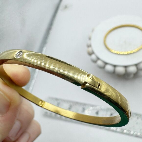 2 Gold Tone Bangle Bracelets With Rhinestone Details Stainless Steel Hinged - Picture 3 of 13